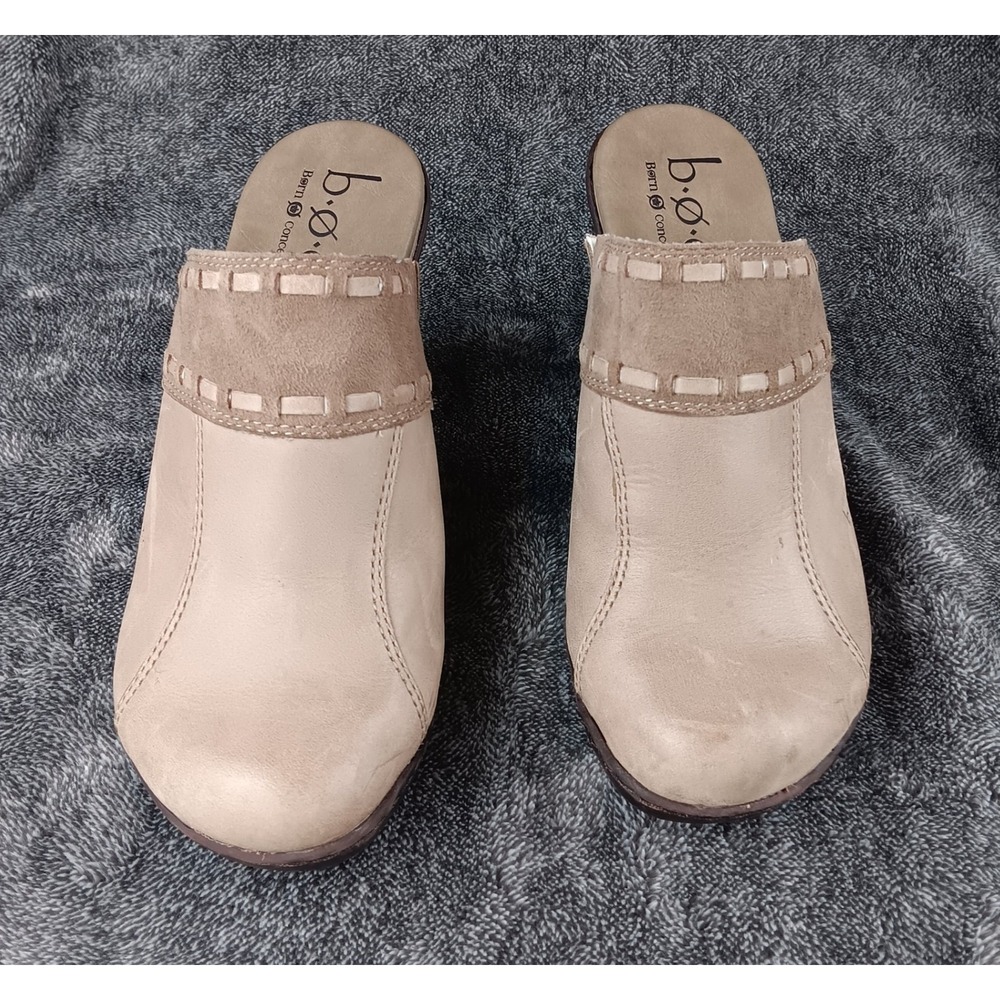 BOC Born Concept Beige Leather Suede Accent Chunky Heel Mules‎ Women - Picture 2 of 9